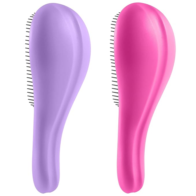 Detangling Hair Brush Set - 2 Pack Detangler Hairbrush with Ultra Soft Bristle for Effortless Tangle Removal - For Dry Wet Damaged Curly Hair for Men Women Girls Boys Kids - Purple & Pink