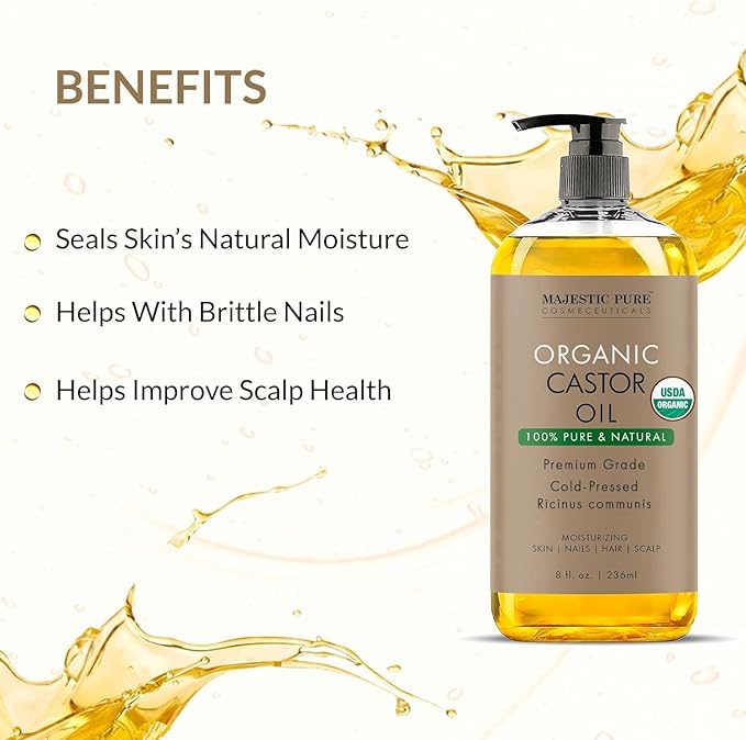 Majestic Pure Organic Castor Oil 8 Fl Oz - 100% Pure and Natural - Premium Grade Carrier Oil - Hair, Eyelashes and Eyebrows - Hair Oil and Body Oil - Cold Pressed - Hexane Free