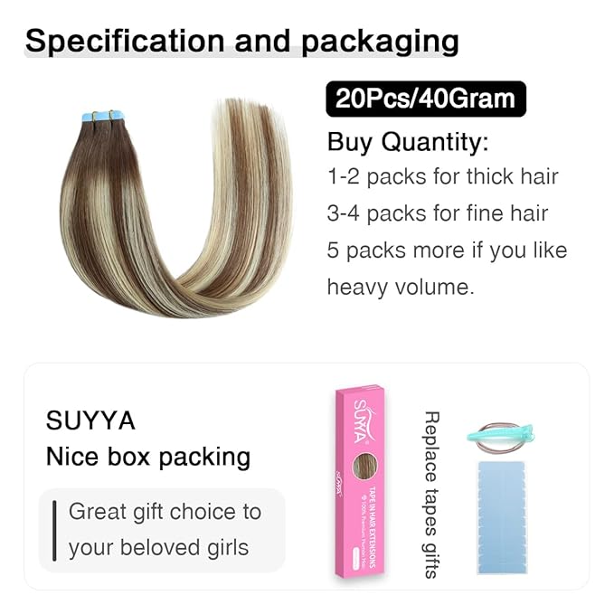SUYYA Tape in Hair Extensions Human Hair Balayage Chocolate Brown to Bleach Blonde and Chestnut Brown 40g/pack 20pcs Straight Seamless Skin Weft Tape in Human Hair Extensions(12inch #P6/613/T4)