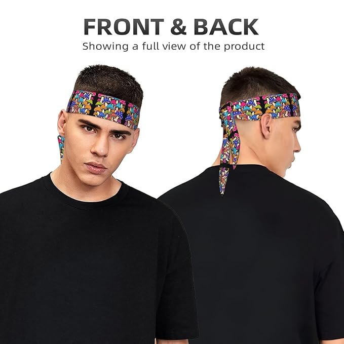 Men's Women Beauty Skinny Sports Sweatband Head Decor for Running Travel Shower, Long Multi Style Neon Mushrooms Pattern Colorful Head Ribbon Headwear