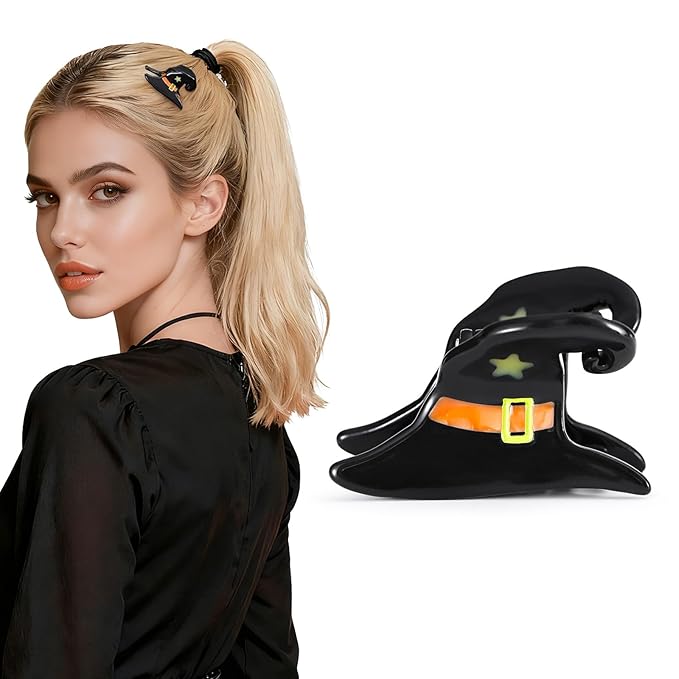 Original Italian-Designed Mini Hair Claw Clips for Women - Black Witch Hat, Handmade Cute Vintage Halloween Hair Accessories for Hair Deco, Plant-Based Acetate, Gift Boxed