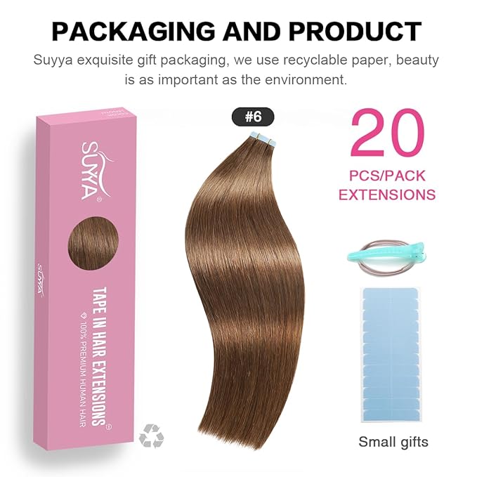 SUYYA Tape in Hair Extensions Human Hair Chestnut Brown 100% Remy Human Hair 50g/pack 20pcs Straight Seamless Skin Weft Tape Hair Extensions(22 inches #6 Medium Brown)