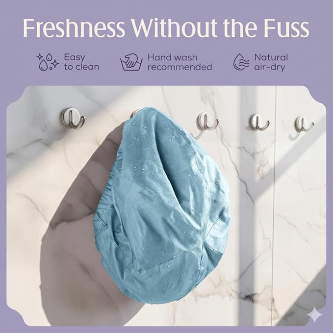 Premium Shower Cap for Women - 1000+ Showers, 100% Waterproof, Double-Sided, Large Shower Cap For Long Hair & Great For Curls (Anti-Frizz Terry Cloth Lining) (Sky Blue)