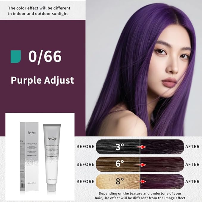 PureStyle 100g Professional Permanent Hair Color Dye Cream Ammonia Free, Long Lasting Purple Color, Natural Shine, For All Hair Types Easy At Home Application (0/66 Purple)