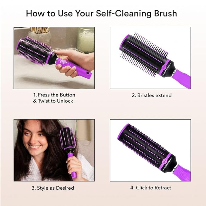 Self Cleaning Hair Brushes for Women - Curly Hair Detangler Brush Comb - Round Roller Retractable Travel Hairbrush - Purple Christmas Gifts