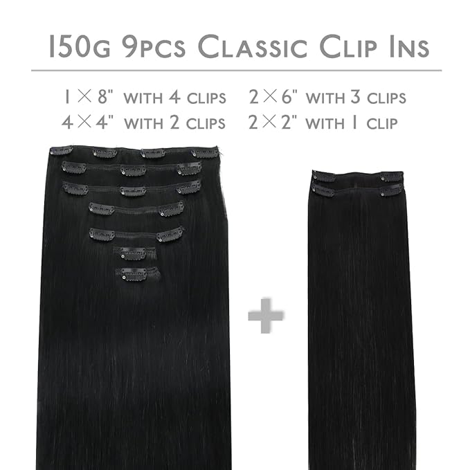 WENNALIFE Clip in Hair Extensions Real Human Hair, 20 Inch 150g 9pcs Jet Black Remy Hair Thicker Double Weft Extensiones De Cabello Humano Con Clip Ins Straight Full Volume