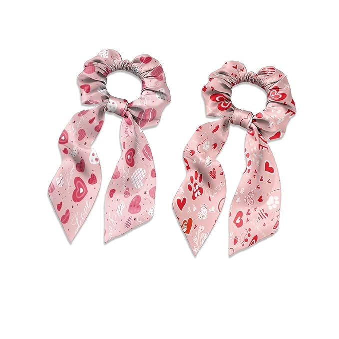 Heart Paw Print Satin Hair Ties for Thick Curly Hair Pink Knotted Bow Hair Scrunchies Soft Ribbon Scrunchy for Womens Pack of 2 for Valentine's Day