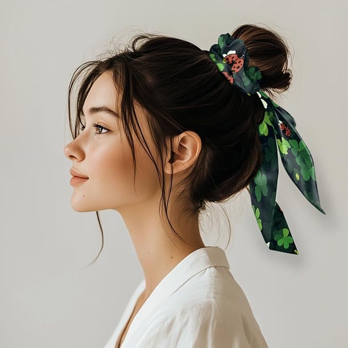 Four Leaf Ladybug Satin Hair Ties for Curly Hair 2 Piece Fashion Bow Scrunchies with Ribbon for St Patricks Day Long Ribbon Hair Ties Knotted Bow