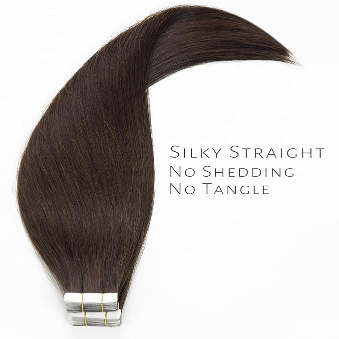 Lacer Real Human Hair Tape in Extensions Black 20 Inch Double Sided Skin Weft Hair Extensions Tape in 20Pcs 50 Gram Color 2A Dark Bown