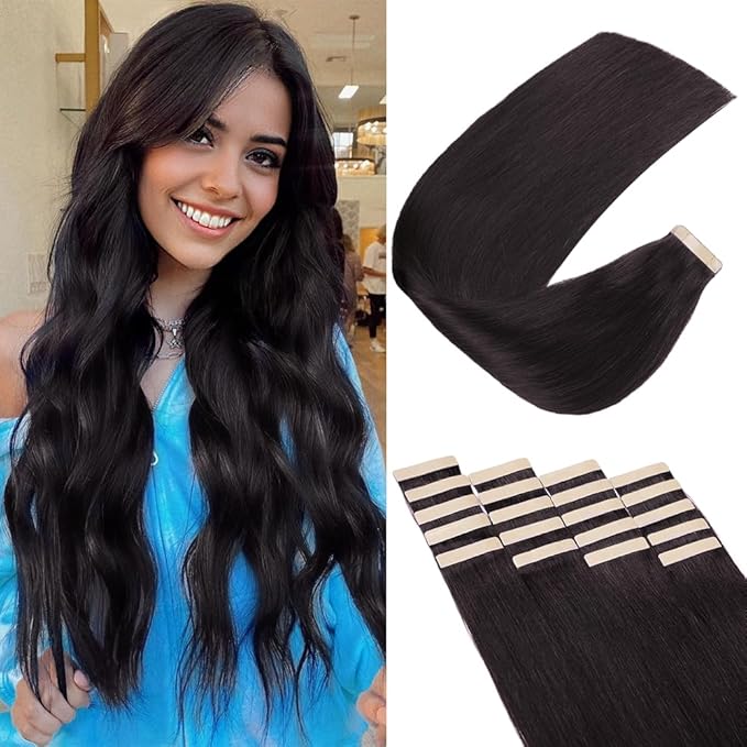 Human Hair Tape in Extensions, Natural Black Hair Extensions Real Human Hair 20 Inch 20pcs Remy Straight Tape ins Invisible Tape in Hair Extensions Human Hair (1B#,20 Inch)
