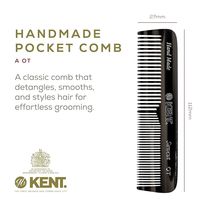 Kent OT Pocket Comb Black and Tortoise - Handmade Fine and Wide Tooth Hair Comb for Men, Women, and Kids - Travel, Beard, and Mustache Comb - Saw Cut and Hand Polished Made in England