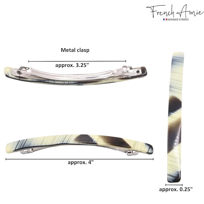 French Amie Long and Thin Ivory Black Large 4” Celluloid Acetate Handmade Automatic Hair Clip Barrette with No Slip Sturdy Silver Clasp for Women and Girls, Made in France