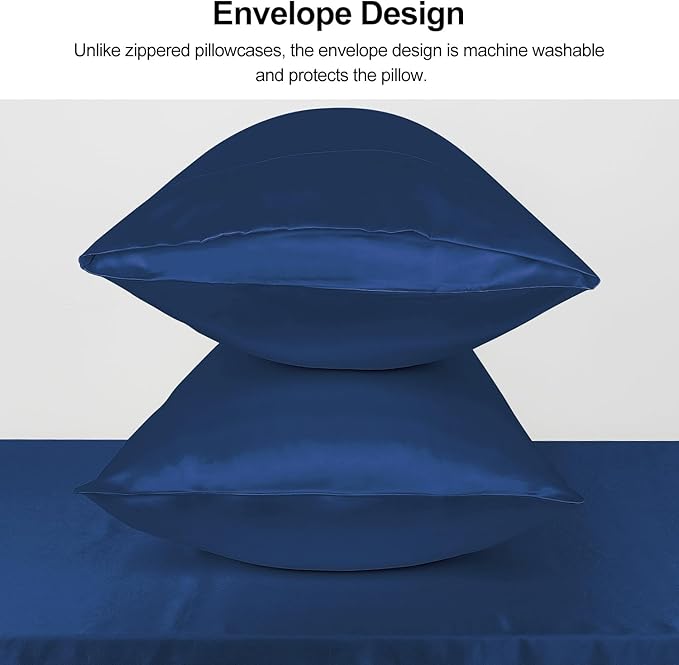 Lirex Satin Pillowcase 2-Pack, King Size Satin Pillowcase Soft Solid Color Microfiber Satin Pillowcase, Envelope Closure Wrinkle Free Fade Resistant Breathable, Navy Blue