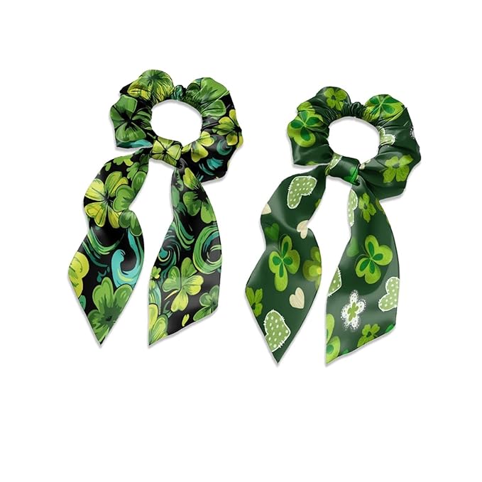 Green Leaf Hair Scrunchies with Ribbon Pack of 2 St Patricks Day Ribbon Bow Hair Ties for Girls No Damage Scarf Scrunchies Knotted Bow