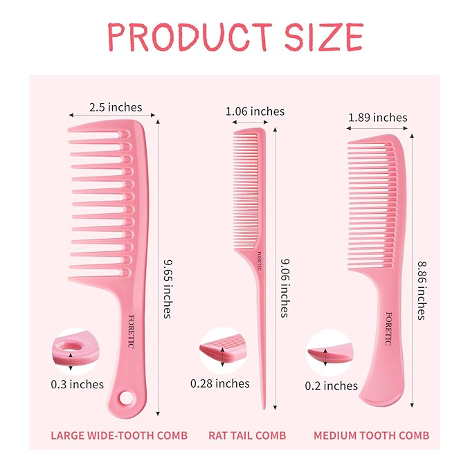 Hair Comb 3-in-1 Plastic Hair Comb Set For Women, Men - Wide Tooth, Rat Tail, and Regular Tooth Detangling Hair Combs for All Hair Types-Pink