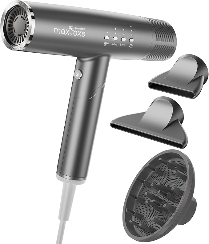 Hair Dryer, High-Speed Brushless Motor Ionic, Foldable and Portable 9Modes One Touch Switch with 1Diffuser, 1Nozzle and 1Concentrator Attachment for Home, Travel, Grey