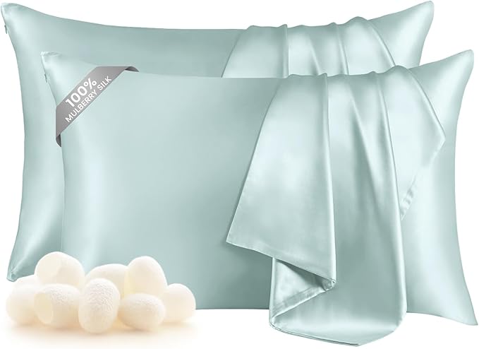 THXSILK Set of 2 Silk Pillowcase for Hair and Skin, 100% Mulberry Silk Bed Pillowcase Ultra-Soft, Hypoallergenic Soft Breathable Silk Pillow Case with Hidden Zipper, King Size 20"x36", Light Blue