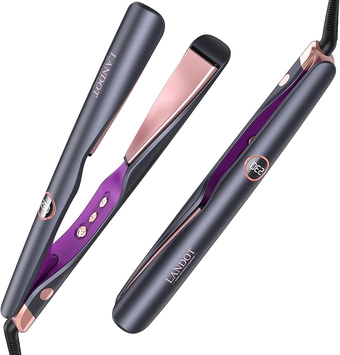 LANDOT 2-in-1 Hair Straightener & Curling Iron - Create Salon Waves, Curls & Straight Styles at Home | Floating Plates, Anti-Frizz & Tangle-Free | Dual Voltage, Temp 250-450°F for All Hair Types