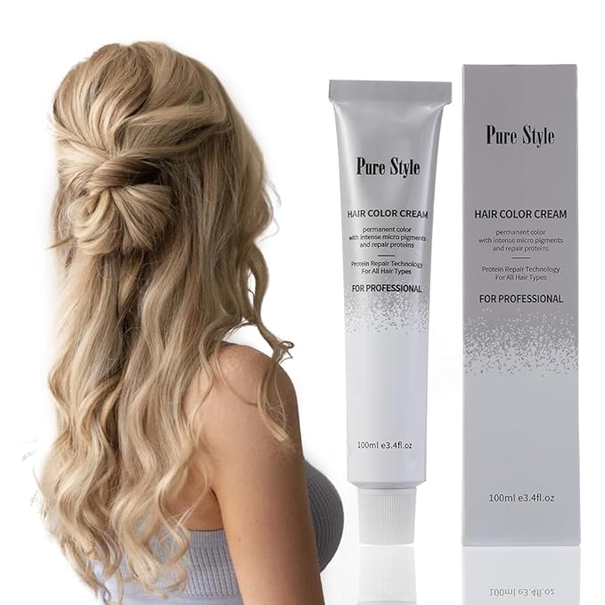PureStyle 100ml Professional Permanent Hair Color Dye Cream Ammonia Free, Long Lasting Light Ash Blonde Color, 100% Gray Coverage, Natural Shine, Easy At Home Application (7/77 Medium Cool Blonde)