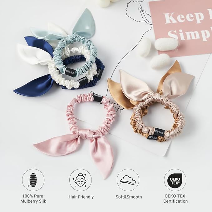 THXSILK Hair Silk Scrunchies with Bow for Women Pure Mulberry Silk Hair Cute Ring Ties Scrunchies for Girls Women's Thick Hair, Purple, 2.8"