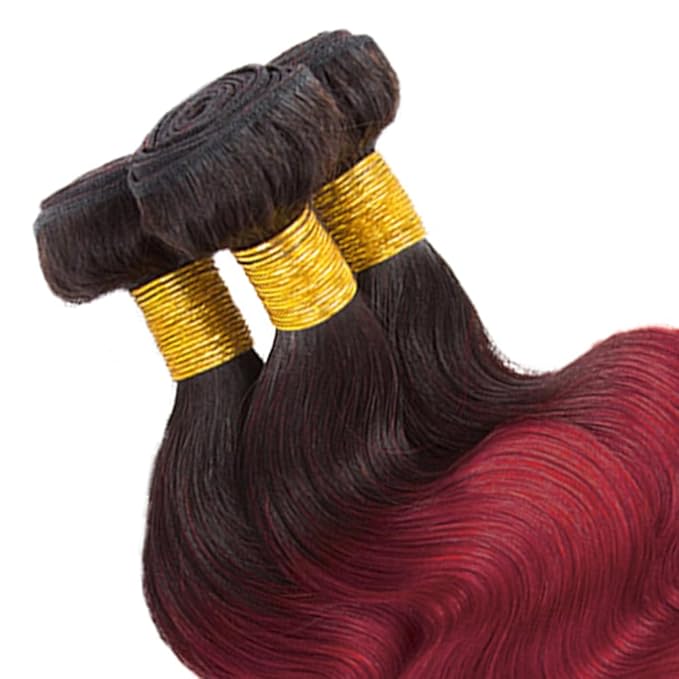 Ombre Human Hair Bundles 1B99J Body Wave Bundle Niegmeag Brazilian Virgin Remy Hair 3 Bundles 12 14 16 Inch 2 Tone Black and Burgundy Bundle 150g