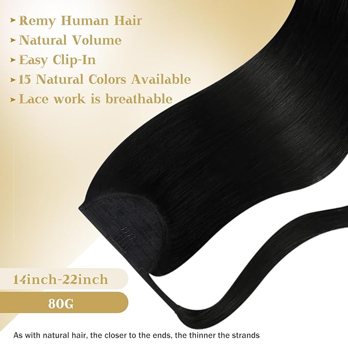 Ve Sunny Hair Extensions Ponytail Real Human Hair Wrap Around Clip in Ponytail Hair Extensions Straight Extensions Human Hair for Women Jet Black 18inch 80G