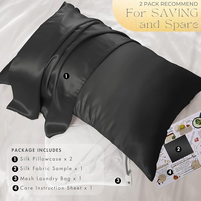 PROMEED 23 Momme Silk Pillowcase 2 Pack with Zipper, 3rd Gen Grade 6A+ 100% Mulberry Silk Pillow Case Set of 2, Cooling Pillow Cases for Hot Sleepers (Standard 20"x26", Black)