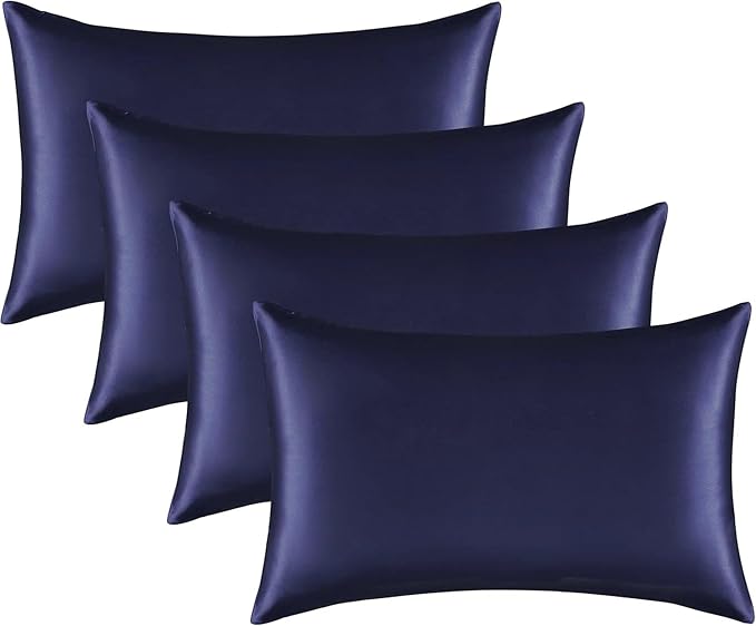 Satin Silk Pillowcase for Hair and Skin, Black Pillow Cases Standard Size Set of 4 Pack Super Soft Pillow Case with Zipper Closure (Navy, Standard(4 Pack))