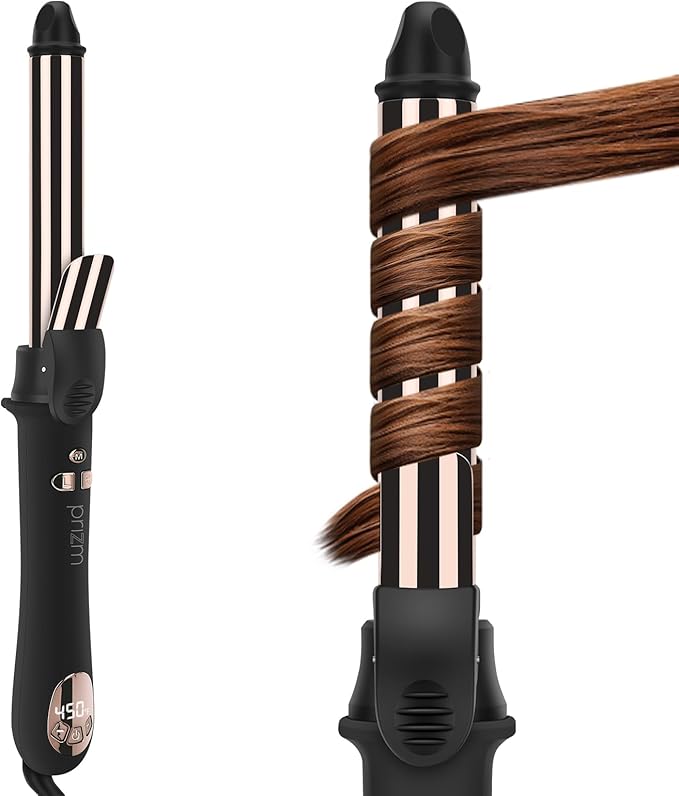 Prizm Rotating Curling Iron, 1inch/25mm Automatic Hair Curler for Long Hair, Self Spinning Barrel, 250-450°F with LCD Display, Auto-Shut Off & Dual Voltage, Black