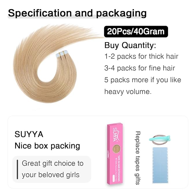 SUYYA Tape in Hair Extensions Human Hair 40g/pack 20pcs Straight Seamless Skin Weft Tape in Real Human Hair Extensions(14inch 16# Light Blonde)