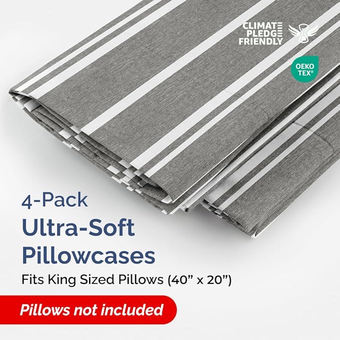 King Pillow Cases Set of 4 - Ultra Soft Hotel Quality Pillowcase Covers - Comfy, Cozy & Wrinkle Free - Shrinkage and Fade Resistant - Machine Washable Pillow Protectors - 4 Piece Set - Grey Stripes 3