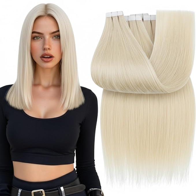 Full Shine Invisible Tape in Hair Extensions Human Hair Color 1000 Blonde Double Sided Machine Remy Injected Tape in Hair Extensions 14Inch 40Grams 20Pcs Add Volume Natural Look for Party Cosplay