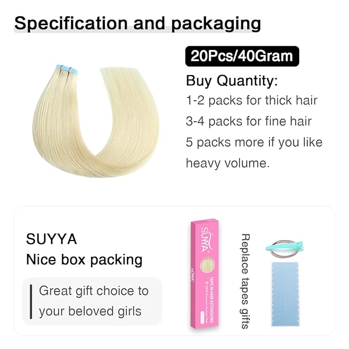 SUYYA Tape in Hair Extensions Human Hair Platinum Blonde 14 Inch 40g/pack 20pcs Straight Seamless Skin Weft Tape in Real Human Hair Extensions(14inch #60)