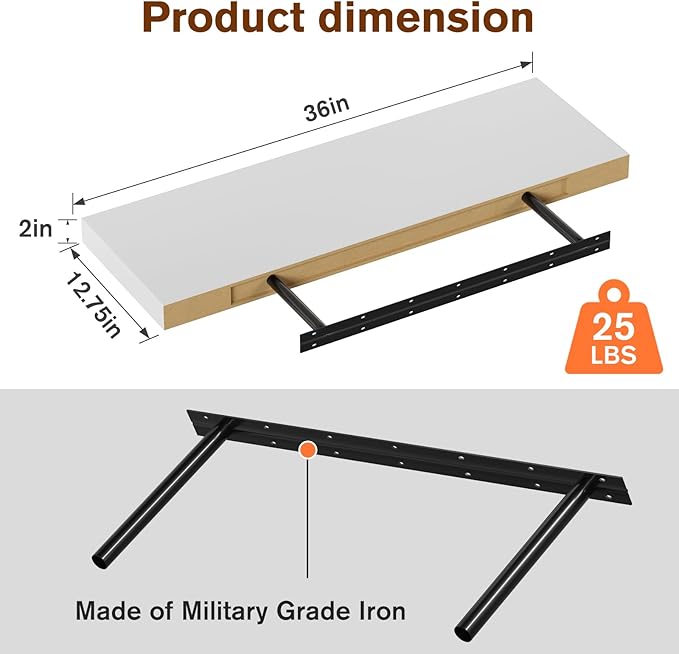 Large Floating Shelves for Wall Set of 1 Wooden Wall Shelves 36 in x 12.75 in x 2 in Room Decor Long Shelf with Invisible Wall Mount Bracket for Bedroom Kitchen Living Room White