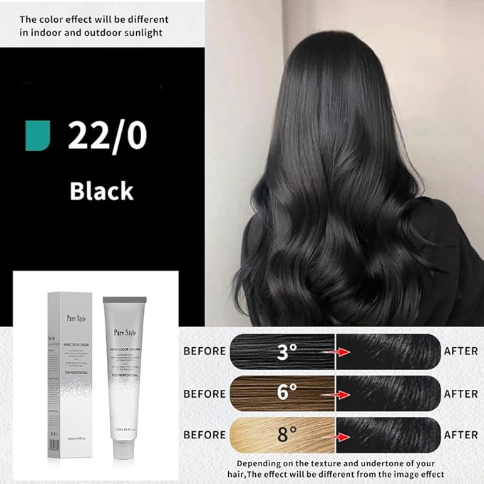 PureStyle 100ml Professional Permanent Hair Color Dye Cream Ammonia Free, Long Lasting Jet Black Hair Dye Color For Women Men, 100% Gray Coverage, Natural Shine (22/0 Black)