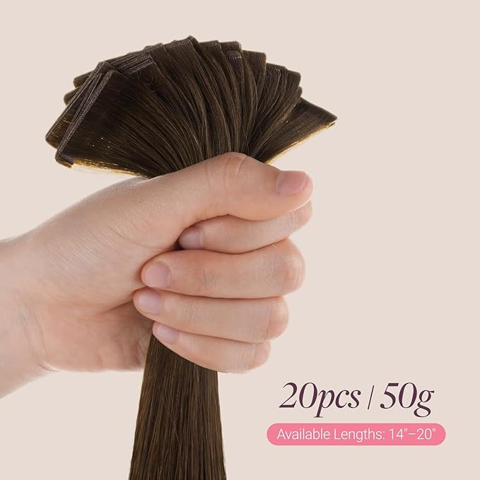 GOO GOO Genius Tape in Hair Extensions, Hand Tied Tape Weft, 4A Chocolate Brown, 20inch 50g 20pcs, Remy Human Hair, Seamless Invisible Tape, Natural Blend, Lightweight