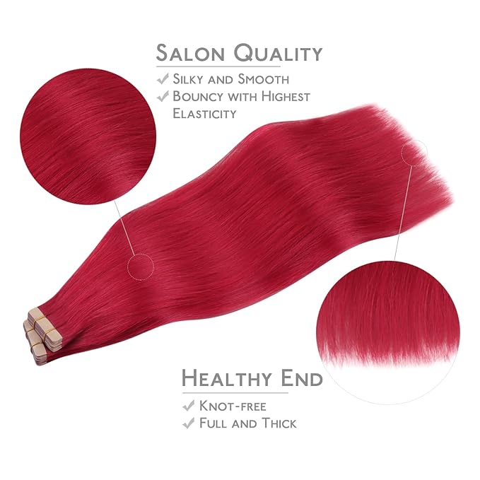 WENNALIFE Tape in Hair Extensions Human Hair, 40pcs 100g 16 inch Red Hair Extensions Real Human Hair Straight Invisible