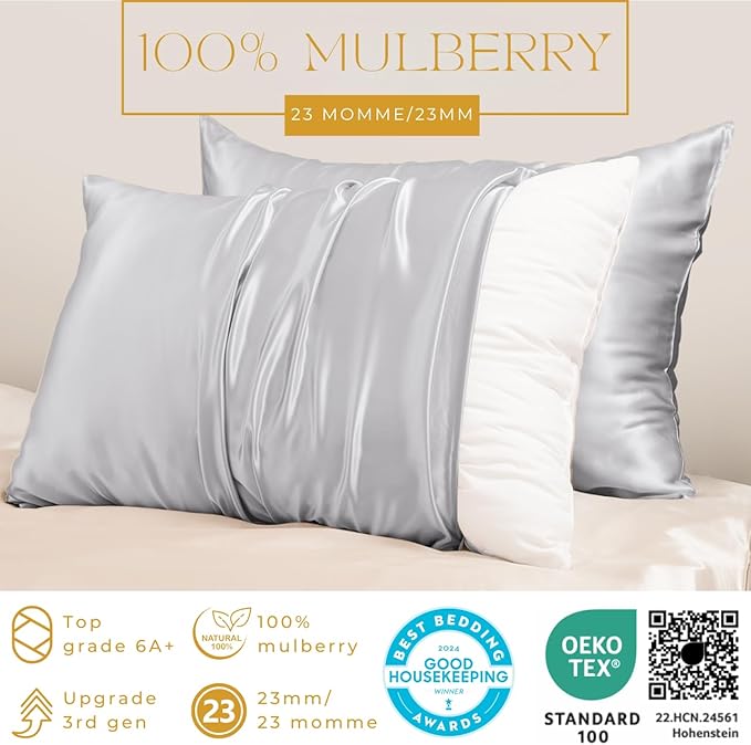 PROMEED 23 Momme Silk Pillowcase 2 Pack with Zipper, 3rd Gen Grade 6A+ 100% Mulberry Silk Pillow Case Set of 2, Cooling Pillow Cases for Hot Sleepers (Queen 20"x30", Light Grey)