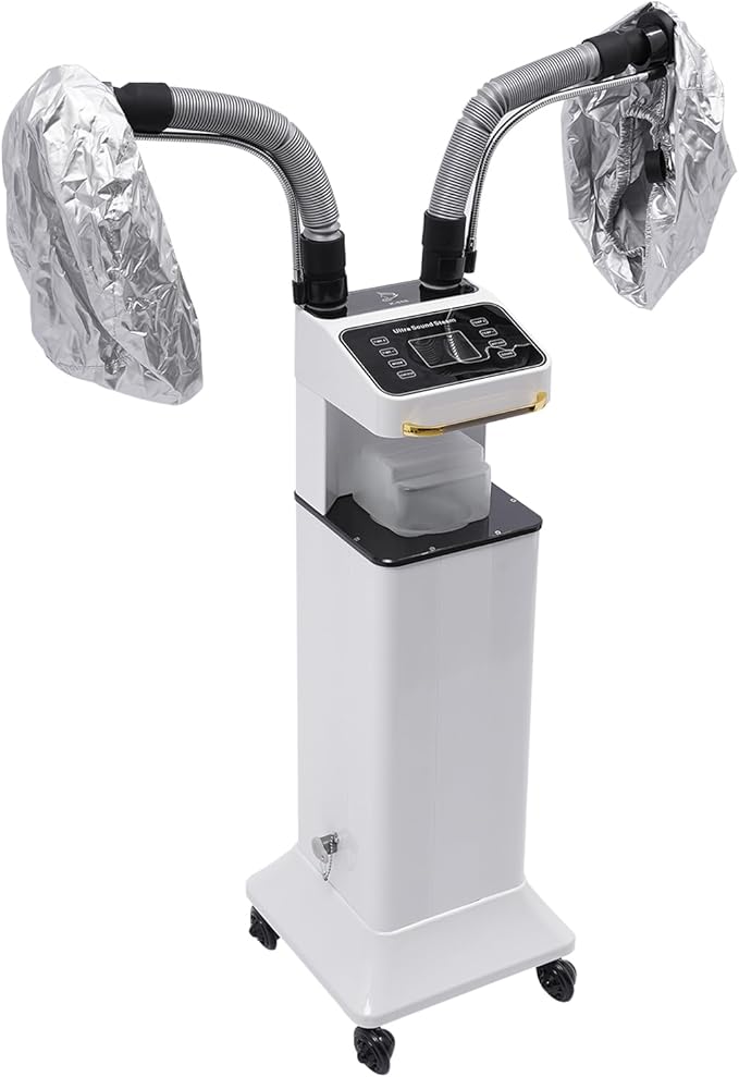 Freestanding Multifunctional Nano Hair Steamer Micro Mist Ozone Oil Treatment Dyeing Machine with 2 Steam Caps Hooded Hair Care Processor 2 Telescopic Tubes Time/Temp Control for Salon Barber Shop SPA