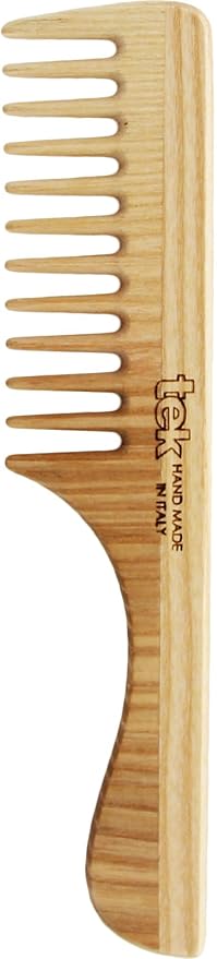 TEK – Allure Award-Winning Wide Tooth Wooden Comb with Natural Ash Wood Handle, Handmade in Italy – Ideal for Gently Detangling Normal, Curly, or Wavy Hair Without Breakage – 20 x 4.5 cm