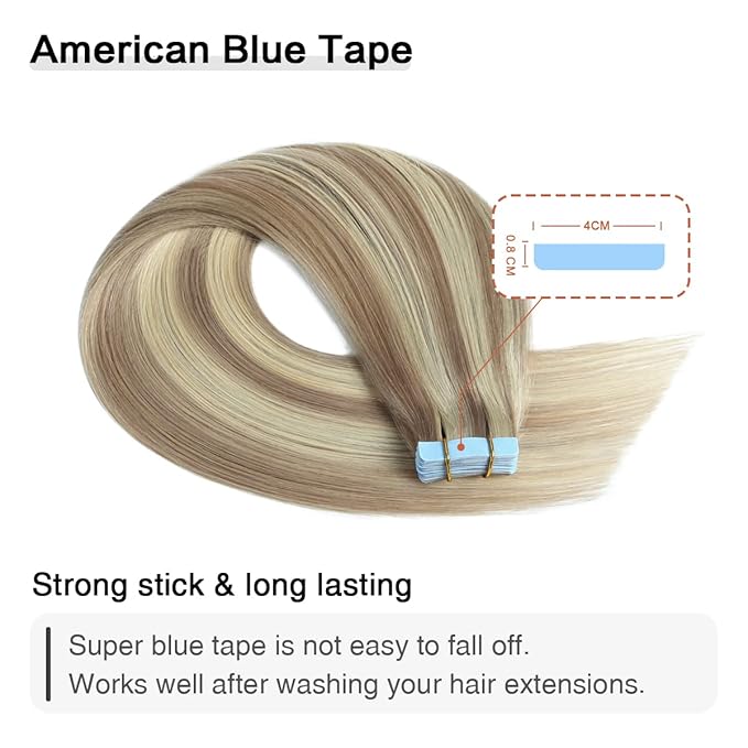SUYYA Tape in Hair Extensions Human Hair Ash Blonde Highlighted Bleach Blonde 14 Inch 40g/pack 20pcs Straight Seamless Skin Weft Tape in Real Human Hair Extensions(14inch #P18/613)