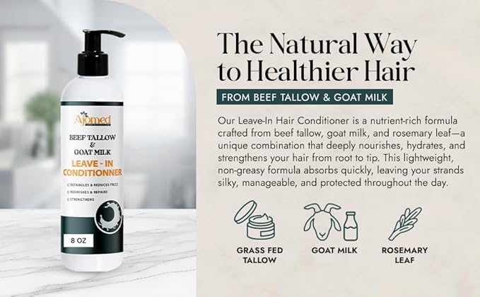 Beef tallow & Goat milk Leave-In Conditioner| Handmade hair Detangler- Anti-Frizz dreadlock moisturizer-Split Ends Breakage (12 Fl Oz)