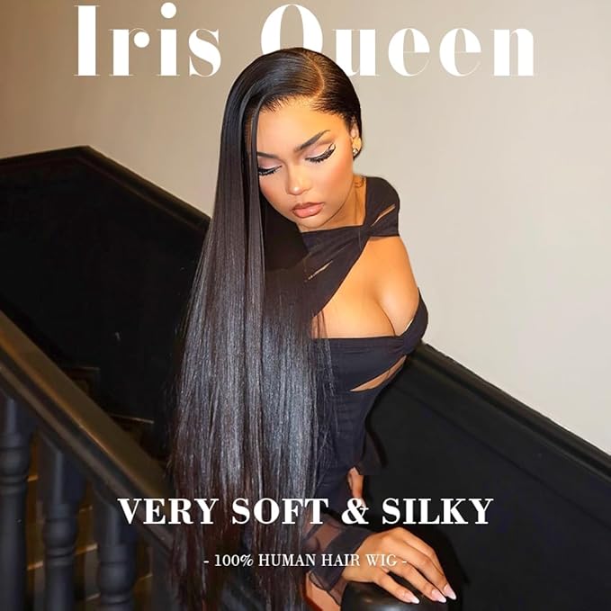 Iris Queen 28 Inch Straight HD Lace Front Wigs Human Hair Pre Plucked 12A 180 Density 13x4 Transparent Lace Frontal Wig with Baby Hair Natural Black for Women