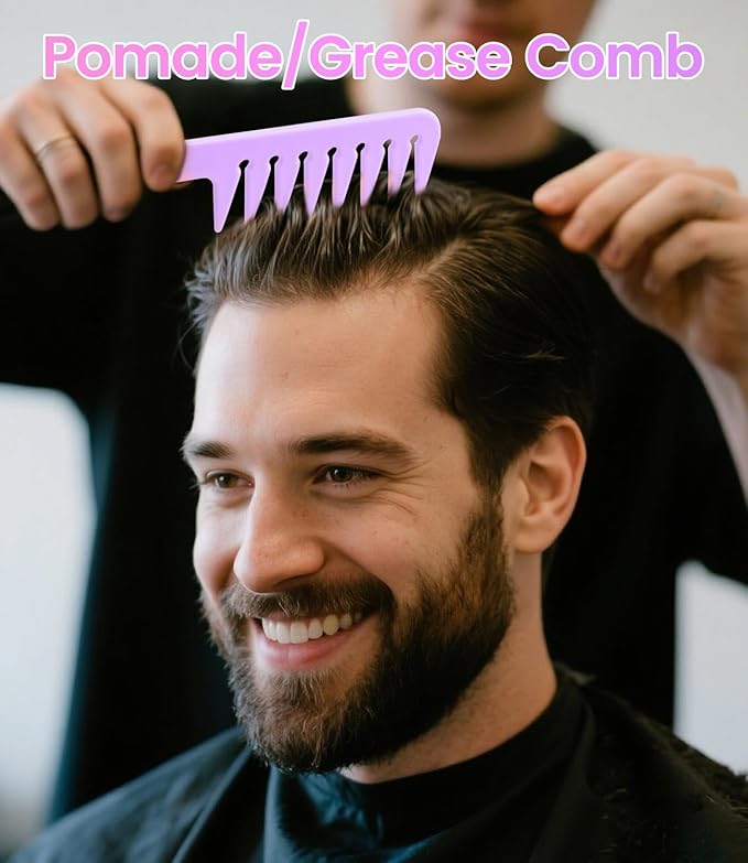 6PCS Professional Hair Comb Set for Women & Men Rat Tail, Wide & Fine Tooth Combs for Curly Hair, Braiding, Barber Styling, Cutting & Parting (Purple)