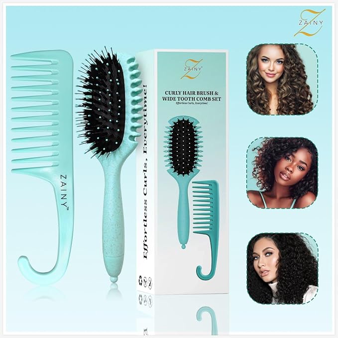 ZAINY Curl Defining Curly Hair Brush 2 PC Set, Wide Tooth Comb for Curls, Detangler Wet Hairbrush & Shower Comb for Wavy Hair Styling, Detangling Gift Sets for Women, Girls, Kids, Toddler, Men - Green