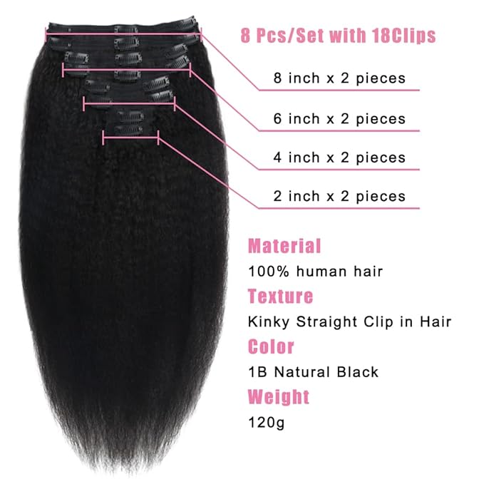 Kinky Straight Human Hair Clip in Extensions 120g Full Head Clip ins for Women 100% Unprocessed Brazilian Virgin Human Hair Yaki Straight Clip ins Remy Hair Natural Black 8Pcs 18Clips 26inch