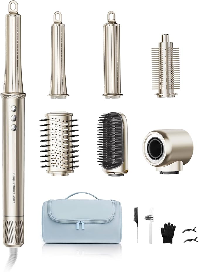 Cosy Companions 6 in-1 Hair Dryer Brush, 150,000 RPM High-Speed Negative Ionic, Blow Dryer Brush for Fast Drying, Hot Air Brush for Curling/Volumizing/Straightening with Travel Bag, Gold