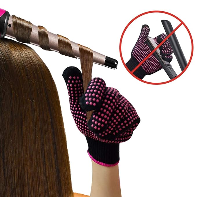 2 Pcs Professional Heat Resistant Glove for Hair Styling Heat Blocking Gloves for Curling, Flat Iron and Hair Styling Tools, Silicone Bump, Pink Edge