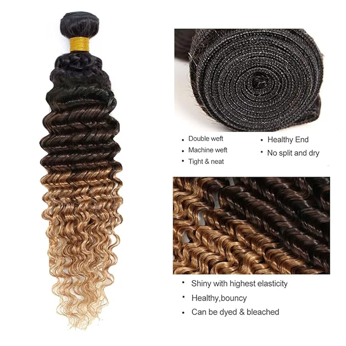 T1B427 Human Hair Bundles Ombre Blonde Deep Wave Bundles Niegmeag Virgin Remy Hair 3 Bundles 22 24 26 Inch Double Weft 3 Tone Brown and Honey Blonde Bundle