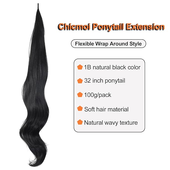 Chicmoi Black Ponytail Extainson 32 Inch Flexible Wrap Around Ponytail Hair Extension Long Wavy Pony Tails hair Extension 1B Natural Black Synthetic Hairpieces For Women and Girls